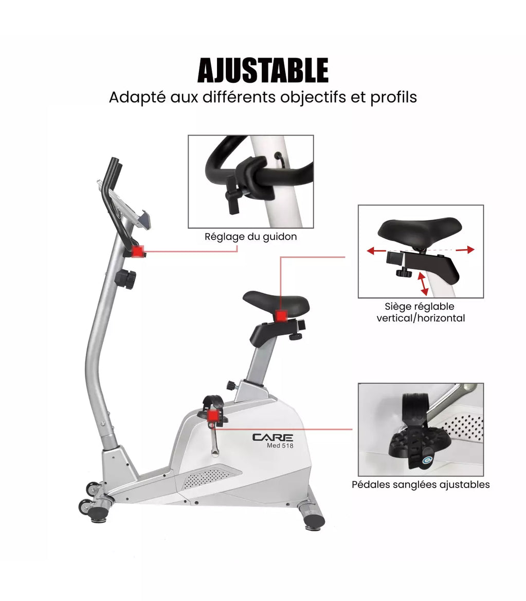 Vélo D’appartement Care Fitness Supra – Résistance Manuelle 8 Niveaux – Roue D’inertie 8 Kg – Design Compact – Console Multifonctions